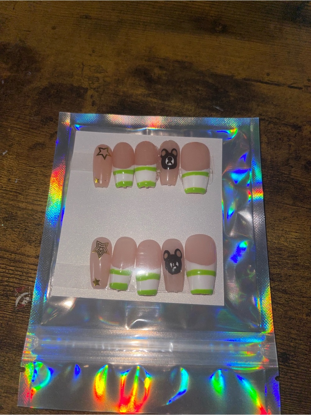 Press-On Nails with Lime Green French Tips and Bear Accent